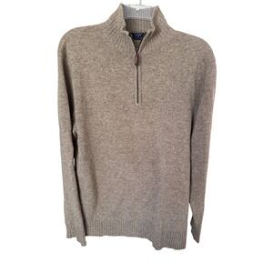 J. Crew Sweater Men MD Tan‎ Quarter Zip Lambs Wool Blend Ribbed Trim